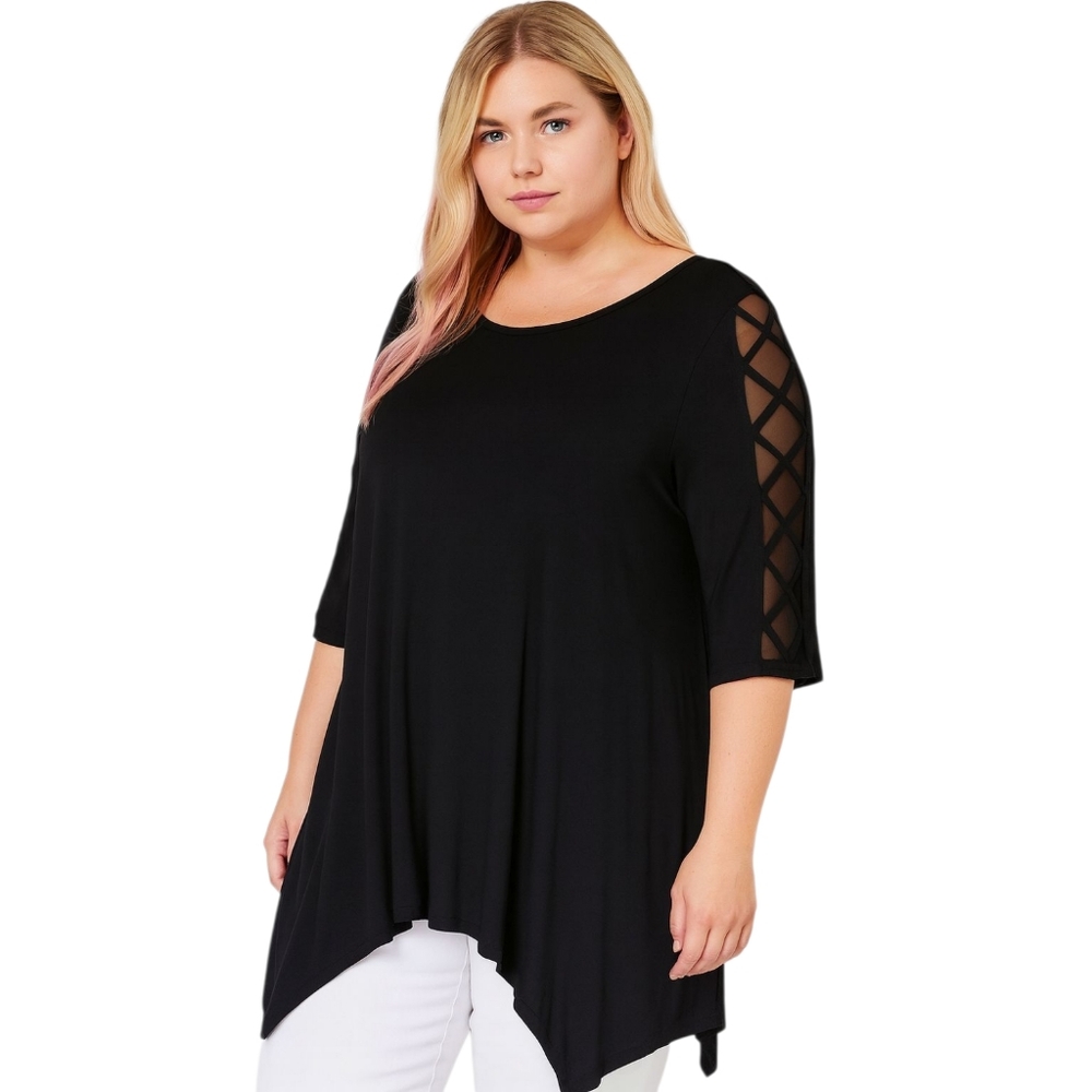 🖤 Cable & Gauge Woman 2X Black Mesh & Lattice Sleeve Tunic Top